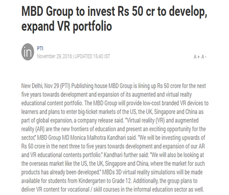 MBD Group to invest Rs 50 cr to develop, expand VR portfolio