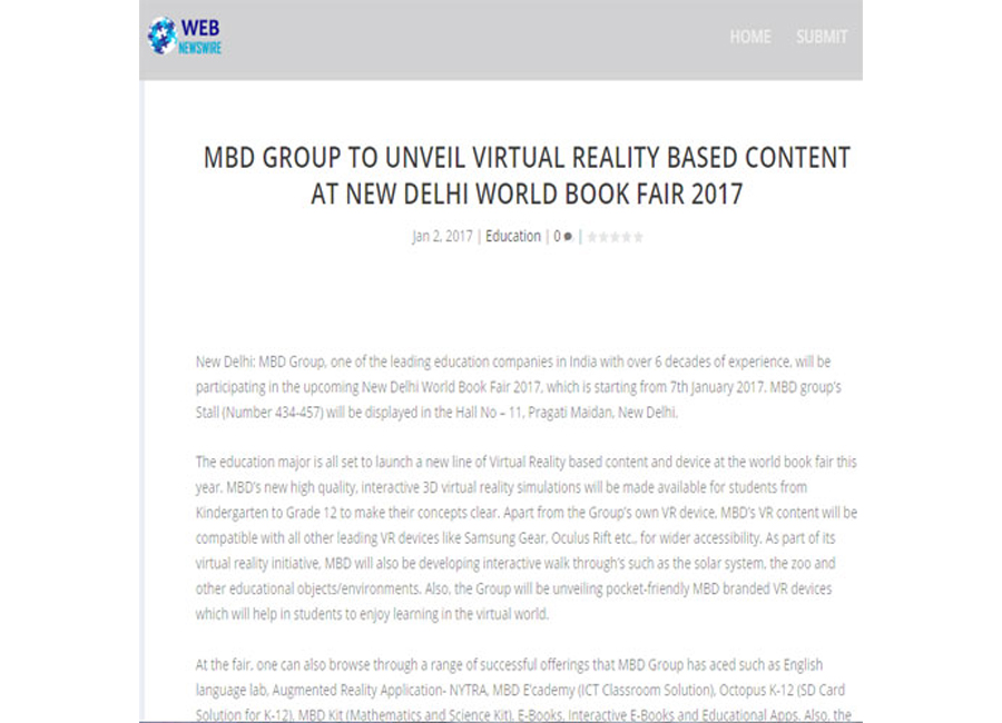 MBD GROUP TO UNVEIL VIRTUAL REALITY BASED CONTENT  AT NEW DELHI WORLD BOOK FAIR 2017